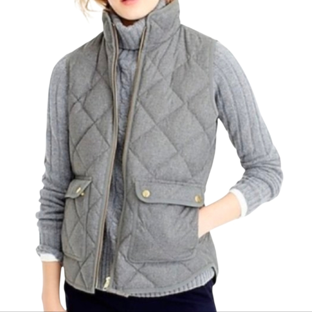 J. Crew Excursion Quilted Heather Gray Down-Filled Vest With Gold-Toned Hardware